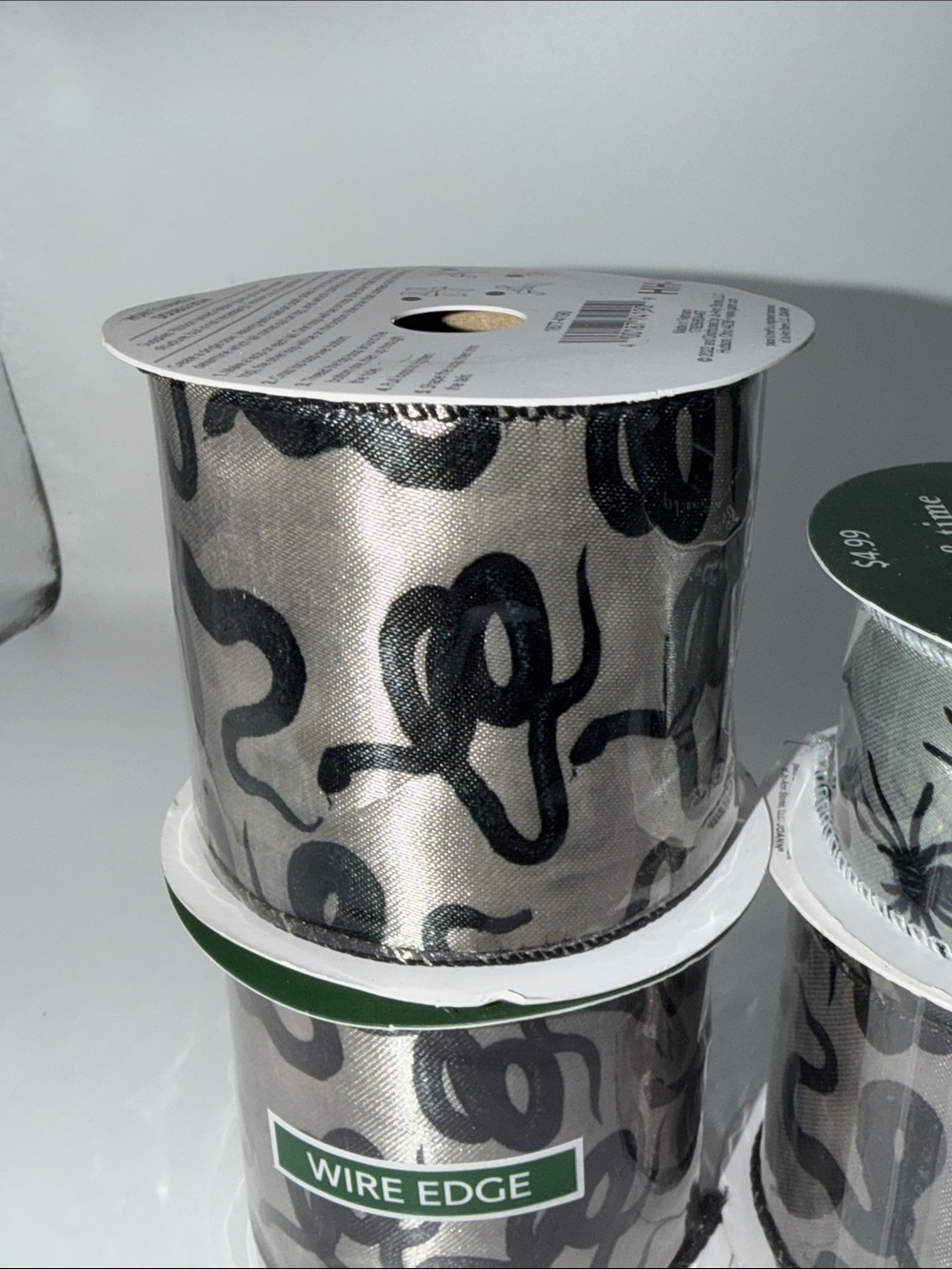 Halloween Snake Spider Wired Edge Ribbon Spool Bundle Lot Creepy Crafting Silver - Picture 4 of 7